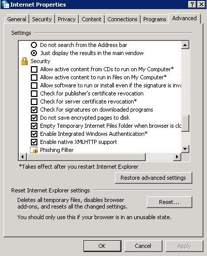 opciones avanzadas Internet Explorer